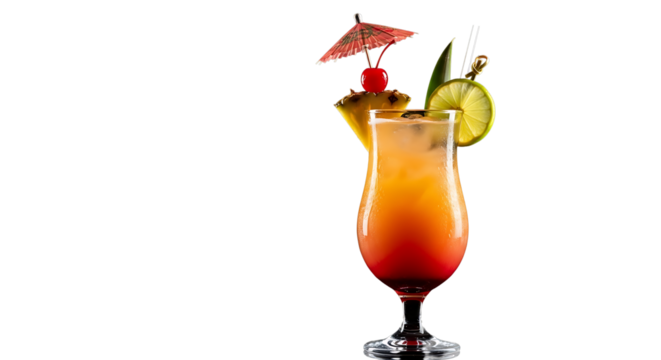 Vibrant tropical drink with fruit garnish presented stylishly on transparent background