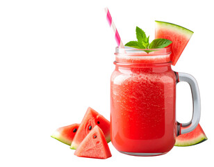 Watermelon Juice in Mason Jar with Straw, Summer Vibes, Transparent Background