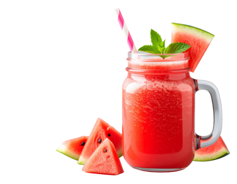 Watermelon Juice in Mason Jar with Straw, Summer Vibes, Transparent Background