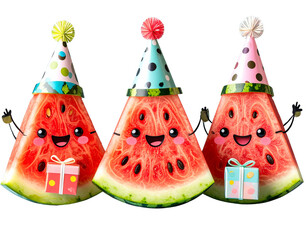 Watermelon Characters with Party Hats and Gifts, Kawaii Style, Transparent Background