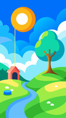 Fototapeta premium Stylized cartoon landscape with a doghouse tree river and sun