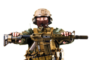 Fototapeta premium Military Operator Displaying Tactical Rifle with Professional Equipment on White Background
