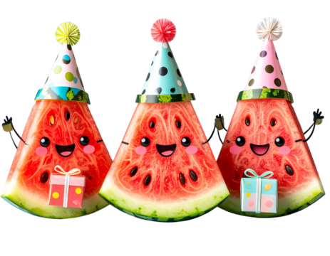 Watermelon Characters with Party Hats and Gifts, Kawaii Style, Transparent Background