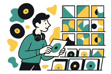 Naklejka premium Vinyl Dreamscape. Record store. A wall of vinyl covers shown as abstract blocks of color, character browsing with headphones around their neck. Floating