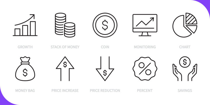 Finance & business line icon set. Growth, stack of money, coin, monitoring, chart, money bag, price increase, price reduction, percent, savings sign. Vector illustration. Editable stroke. Flat design.