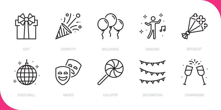 Holiday & celebrate line icon set. Gift, confetti, balloons, dancing, bouquet, disco ball, masks, lollipop, decoration, champagne sign. Vector illustration. Editable stroke. Flat design.