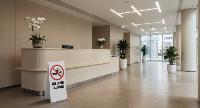 Office reception with plants and no loud talking sign