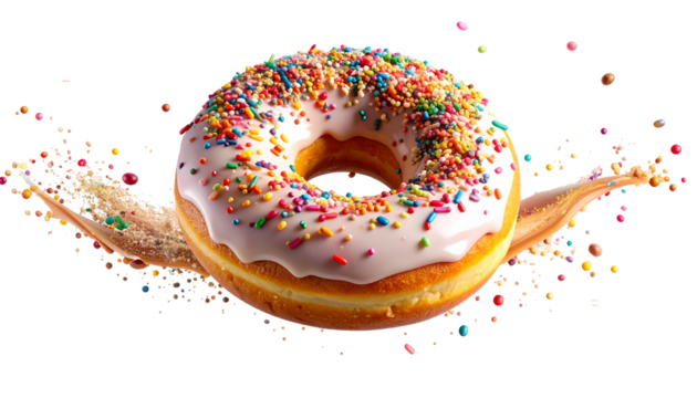 donut with sprinkles falling in motion isolated on white and transparent, background Remove png