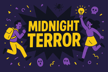 Midnight Terror Frenzy. Midnight Terror banner, flat vector illustration, bold oversized text inside splash explosion, cartoon characters jumping and running,