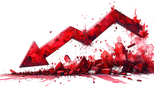 downfall red arrow graph falling down, market crash, and loss isolated on white and transparent, background Remove png