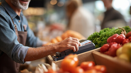 Smiling cashier's hands scanning produce items across illuminated barcode scanner fresh fruits and vegetables visible cash drawer open showing bills grocery store checkout area