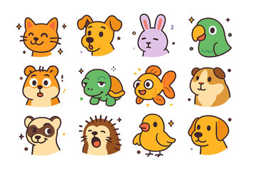 Fototapeta premium Colorful Pet Expressions. Pet expressions. Colorful isometric vector icons set of pet expressions: happy cat, curious dog, sleepy rabbit, cheerful parrot,