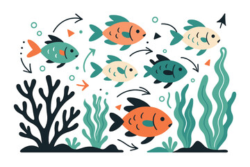 Fototapeta premium Tropical Underwater Wonderland. Colorful fish schools. Bright tropical fish darting through branching coral, glowing water plants swaying rhythmically. Small
