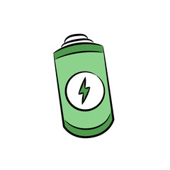 Doodle eco battery with symbol, sustainable energy and green power concept on white background