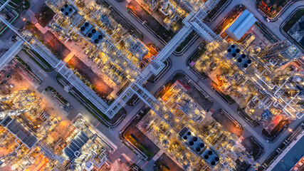 Aerial view Oil and Gas refinery plant at night, Global business energy logistic transportation,...