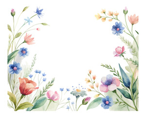 Watercolor Wildflower Border Design for Wedding Cards isolated on white background