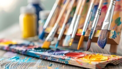 Fototapeta premium Vibrant close up of colorful paints and brushes on a wooden table showcasing artistic creativity