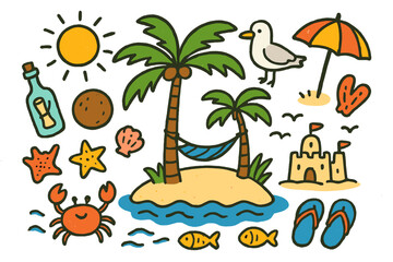 Obraz premium Tropical Island Doodle. Island. Colorful Hand-drawn doodle Children illustration Palm tree, hammock, sun, waves, bottle, coconut, crab, seashell, starfish,