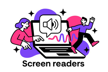 Embracing Accessible Technology. Screen readers. A laptop with glowing text-to-speech icons, abstract floating sound waves and stars symbolizing access to