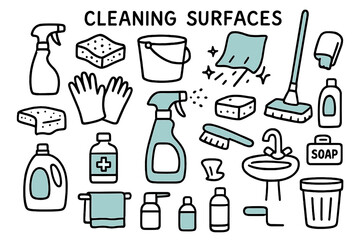 Cleaning Tools Doodle. Cleaning Surfaces. Hand-drawn doodle illustration cleaning and disinfecting surfaces spray bottle (accented), sponge, cloth (accented),