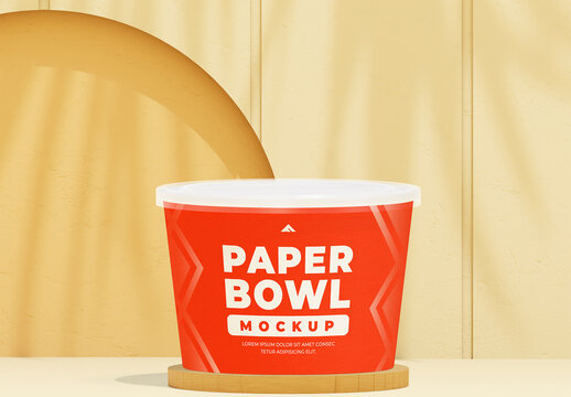 Close-up Disposable Paper Bowl Mockup with Liquid Pour on Wooden Background