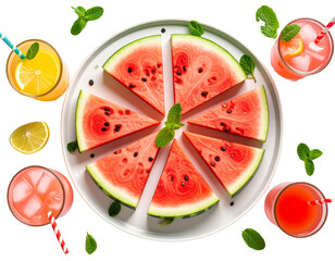 Watermelon Party Platter with Slices, Drinks, and Straws, Top View, Transparent Background