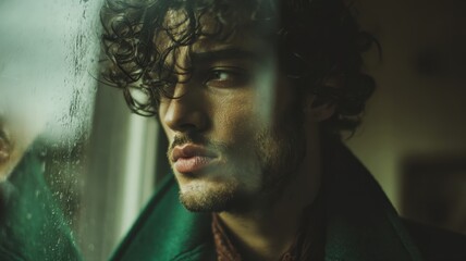Thoughtful young man gazes out window with rain on glass