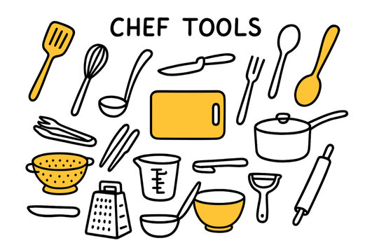 Chef Tools Doodle. Chef Tools. Hand-drawn doodle illustration chef tools spatula (accented), whisk, ladle, spoon (accented), fork, knife, cutting board