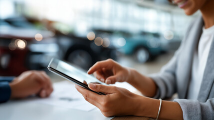 Fototapeta premium Car saleswoman's hands showing digital tablet with vehicle specifications to customers across modern dealership desk new vehicles visible through showroom glass defocused behind