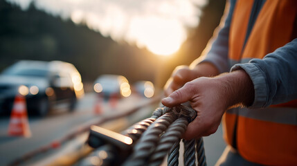 Tow truck operator's hands operating winch controls heavy cable extending toward disabled vehicle roadside scene with traffic cones and passing cars defocused behind vehicle rec