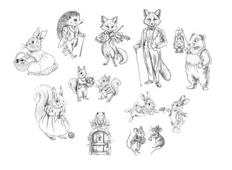 A set of illustrations depicting forest animals. Animals in Victorian style costumes. Vector illustration