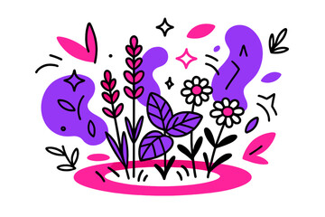 Naklejka premium Herbal Garden Serenity. Calm garden. A glowing patch of herbs with lavender, mint, and chamomile, abstract floating stars and leaves showing a soothing natural