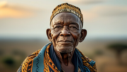 Old man in traditional attire gazing thoughtfully at the horizon in a serene landscape at sunset, captured through advanced 3D animation techniques showcasing generative art. Generative AI