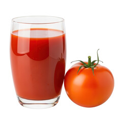 Glass of red tomato juice next to a whole ripe tomato on background drink