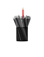Black mesh cup filled with gray pencils, featuring one striking red pencil standing above the rest. Isolated on transparent for concepts of leadership and standing out