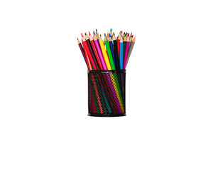 A black mesh cup filled with a vibrant collection of colored pencils. Perfectly isolated on a transparent background with reflection, ideal for art, education, or office concepts