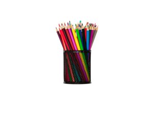 A black mesh cup filled with a vibrant collection of colored pencils. Perfectly isolated on a transparent background with reflection, ideal for art, education, or office concepts