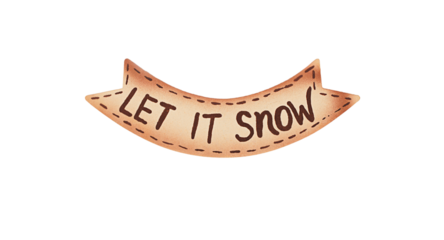 Isolated rustic oval wooden sign with dark wood grain and a rope border or hanger. Hand-drawn banner with the text "LET IT SNOW." Features a stitched, fabric-like texture for Winter, Christmas