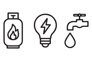 Three essential utility icons representing gas electricity and water isolated on white background
