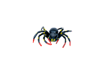 A menacing black toy spider with yellow spots and red tips, posed from a low, forward angle. Isolated on a transparent background for Halloween, prank, or fear concepts