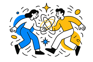 Fototapeta premium Cosmic Connection. Magnetic pull. Two figures being drawn together by glowing orbits, abstract shapes circling around like gravitational energy,