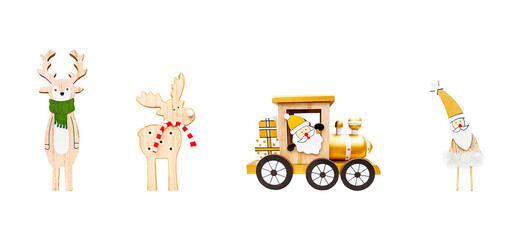A horizontal set of four wooden Christmas decorations&mdash;two reindeer and two Santa figures&mdash;including a train. Perfectly isolated on a transparent background for holiday or craft concepts