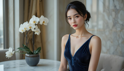 Elegant Serenity: A poised and captivating woman, adorned in a sophisticated blue dress, sits gracefully beside a flowering orchid arrangement, creating a scene of refined beauty and introspection.