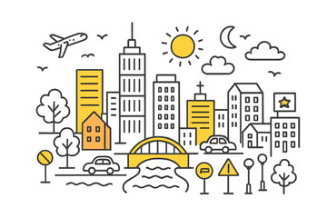 Obraz premium Vibrant Cityscape Doodle. Cityscape. Hand-drawn doodle illustration cityscape skyscrapers (accented), city buildings, clouds, sun (accented), moon,