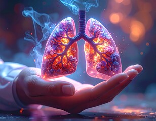 Artistic depiction of illuminated lungs held in a glowing hand
