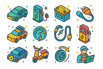 Naklejka premium Electric Vehicle Icons. Electric vehicles. Colorful isometric vector icons set of electric vehicles: electric car, charging station, battery pack, plug-in