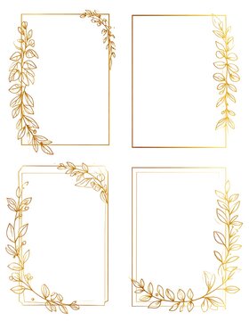 Four elegant golden rectangular frames with intricate plant-like vine embellishments on a white background