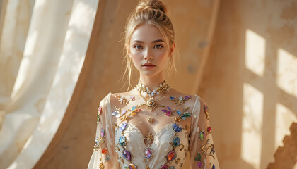 Elegant Portrait of Beauty: A radiant woman, adorned in a dazzling embellished gown, radiates an aura of sophistication. Captured in a moment of poised stillness.