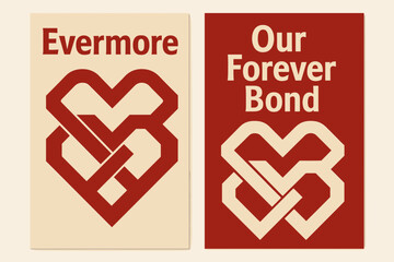 Fototapeta premium Evermore Banners Design. Evermore. Two vertical A6 banners, geometric, red and beige backgrounds, angular infinity symbol woven through a stylized heart, first