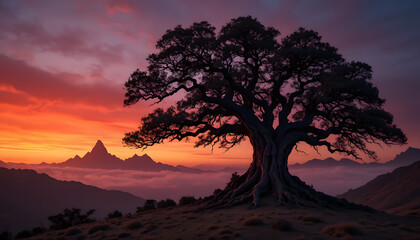 Sunset Oak: Majestic oak stands silhouetted against a vibrant sunset, roots anchoring to the earth, branches reaching towards a painted sky.